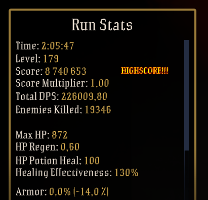 un résumé de run qui a duré 2h et 5 minutes avec 19346 ennemis tués