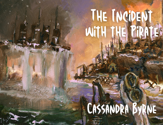 Artwork by Parris Ryan of Philadelphia

On the left, a ship is lifted from the ocean by unseen forces; on the right, a city of scrap and iron waits in the distance.