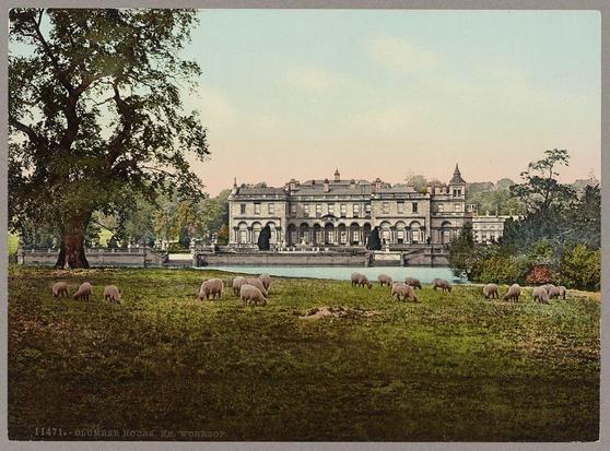 The image depicts a picturesque scene of Clumber House, located near Worksop in London. The photograph captures the stately mansion set against a backdrop of lush greenery and trees. In the foreground, several sheep are scattered across a grassy field, grazing peacefully. A serene water body flows gently beside the house, reflecting its architectural splendor. The overall ambiance exudes tranquility and elegance characteristic of English country estates during that era.