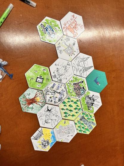 One of the randomized hexmap of a goblin village. The map consists of handdrawn tiles in various styles. Some of them are very colourful. We have goblins dancing around a burning trees, two towers on a hills, but also a beachbar.