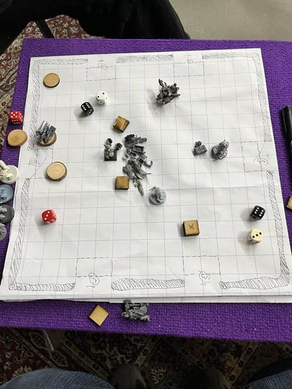 The prototype of our non-war game: four miniatures representing the players defend a pile of bits (in the middle of the square board). The enemies are represented by wood blocks. Some d6 are also on the board, which is a bit strange, because the game is played with 2d6.