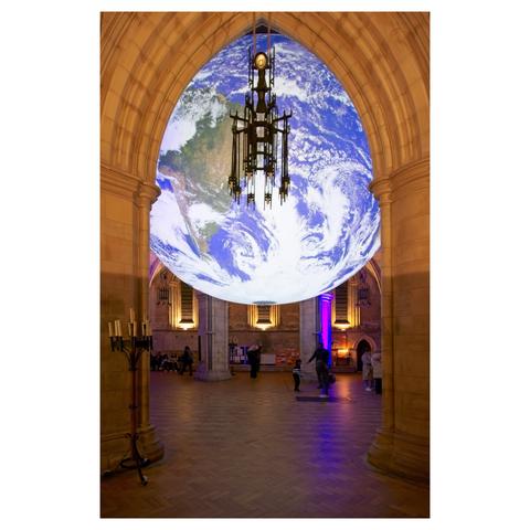 Gaia at Southwark Cathedral.
Gaia is an exhibition at which pictures of the Earth's surface are projected internally on a huge translucent spinning globe giving the effect of viewing the Earth form space