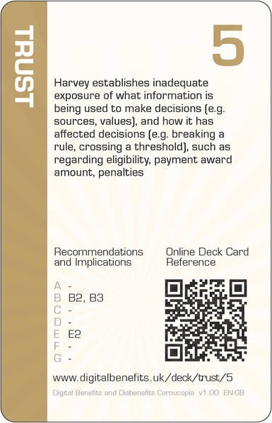 Image of the DBD Cornucopia Five of Trust card with text 'Harvey establishes inadequate exposure of what information is being used to make decisions (e.g. sources, values), and how it has affected decisions (e.g. breaking a rule, crossing a threshold), such as regarding eligibility, payment award amount, penalties '