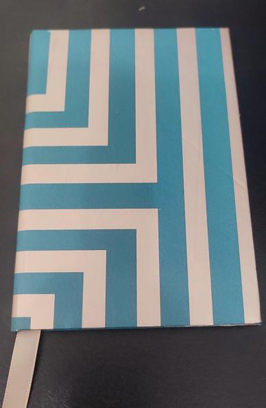 bookcover made from wall paper, with   greeenish/blue lines alternated with ivory lines.