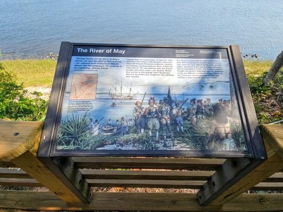 Informational sign on the observation deck with details about daily life of the early settlers, and the importance of the Saint Johns River (then called "The River May")