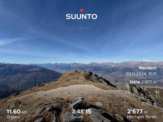 view from a summit in the alps with some information about the hiking tour: 11.6km, 3 hours 48 minutes,  highest point 2677m.