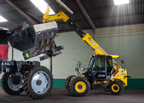 A yellow JCB crane