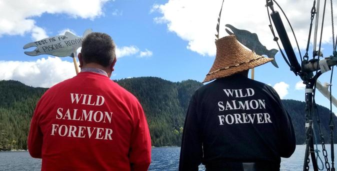 Homalco Chief Darren Blaney & George Quocksister Jr, on fishing boat, facing the ocean & islands, wearing their Wild Salmon forever long-sleeved shirts. Darren in red, holding a wood salmon sign that reads, Test Me For Piscine Reovirus. George in black, wearing his cedar weaved hereditary Chief hat with beaded brim & eagle feather & holding a wooden salmon sign.