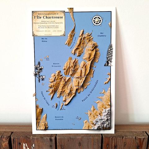 carte du massif de la Chartreuse, avec un niveau simulé de la mer 870 mètres au-dessus du niveau actuel. Les terres émercées sont dans les tons ocres.