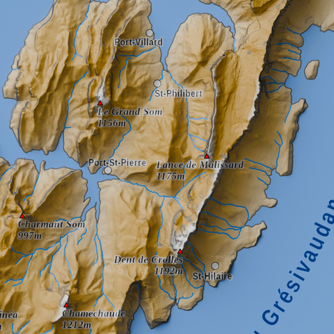 carte du massif de la Chartreuse, avec un niveau simulé de la mer 870 mètres au-dessus du niveau actuel. Les terres émercées sont dans les tons ocres. Détail.