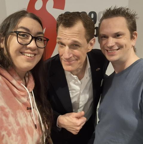 Selfie of Rosie, Greg Shapiro and Rosie's hubby Wouter. Taken after the Leaving Trumpland 2.0 show at the Park Theater in Eindhoven on Sunday 3 November 2024.