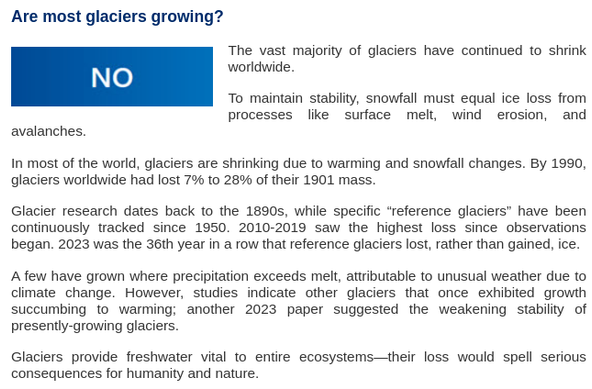 Skeptical Science and Gigafact collaborative fact-brief:

"Are most glaciers growing?

No.

The vast majority of glaciers have continued to shrink worldwide.

To maintain stability, snowfall must equal ice loss from processes like surface melt, wind erosion, and avalanches.

In most of the world, glaciers are shrinking due to warming and snowfall changes. By 1990, glaciers worldwide had lost 7% to 28% of their 1901 mass.

Glacier research dates back to the 1890s, while specific “reference glaciers” have been continuously tracked since 1950. 2010-2019 saw the highest loss since observations began. 2023 was the 36th year in a row that reference glaciers lost, rather than gained, ice.

A few have grown where precipitation exceeds melt, attributable to unusual weather due to climate change. However, studies indicate other glaciers that once exhibited growth succumbing to warming; another 2023 paper suggested the weakening stability of presently-growing glaciers.

Glaciers provide freshwater vital to entire ecosystems—their loss would spell serious consequences for humanity and nature.?