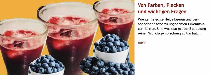 Foto: 3 Schalen blaue Heidelbeeren stehen vor 3 Gläsern rotem Heidelbeersaft. Rechts daneben Überschrift "Von Farben, Flecken und richtigen Fragen" des im Post verlinkten Artikels, gefolgt von dessen Überschrift.