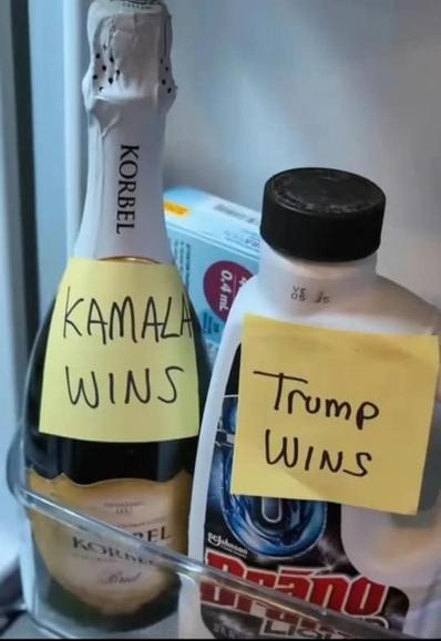 This appears to be a photograph, specifically one that involves dark humor. Let's break down the elements in the image:

1. **Containers in the Fridge**: There are two bottles, one labeled "KAMALA WINS" and the other labeled "Trump WINS." These labels are attached with yellow sticky notes.

2. **Message on the Bottles**:
   - The bottle labeled "KAMALA WINS" has a Champagne bottle of the brand "KORBEL."
   - The bottle labeled "Trump WINS" has some sort of plastic or jug container.

3. **Context**:
   - The Prozess around placing vivid, contrasting labels about winning on bottles suggests a scenario where the outcome of an event (potentially a political race) is uncertain. 
   - It implies a readiness to celebrate or prepare for either outcome. The dark humor comes from the stark contrast and the connotation of celebration from Champagne versus the less celebratory nature of the other bottle.

4. **The bottle "Trump Wins" has also written “UNITED STATES” on it which meas the humor builds on the irony of the contrasting fortunes implied by the two outcomes.

5. **Background**: The setting seems to be a refrigerator, which adds a homely, everyday context to the setup.

In summary, the image is a setup in which two bottles are labeled differently to imply an uncertain yet somehow prepared-for event, highlighting the contrasting ways different outcomes might lead to "celebration." This is a classic example of dark humor often found in memes, playing on political themes with a can