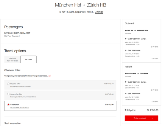 Screenshot von sbb.ch, zeigt den Warenkorb für 1. Klasse Tickets für Zürich nach München und Zurück. Der Gesamtpreis ist 98 CHF.