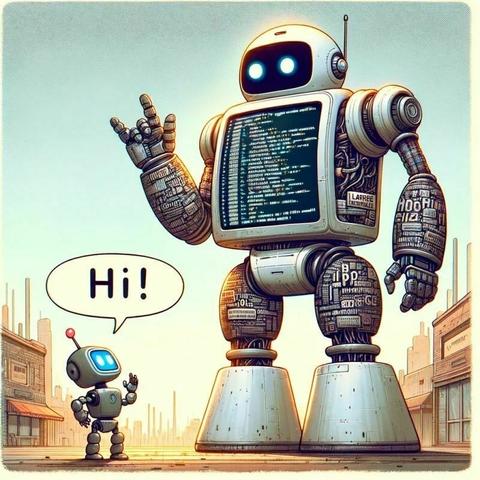 A small robot greets a much larger robot with a screen displaying code, set against a city street backdrop.