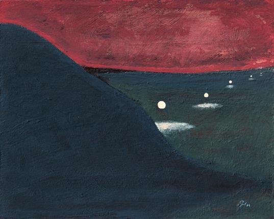 A painting of a dark landscape, a hillside terminating in the foreground and a series of lights originating behind the hillside recede into the distance under a red sky.