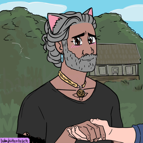 Picrew image of Ed from OFMD, with cat ears, his grey hair up in a messy bun, a short grey beard, big, sparkly eyes and a blush on his cheeks. He is wearing little blue fish earrings along with his cat collar and a black t-shirt, and he is holding Stede's hand.