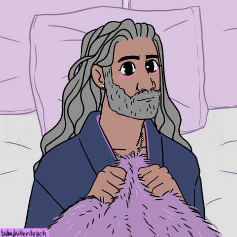 Another Picrew Ed I made. In this one, his long grey hair is loose and he is lying in bed with his head on some purple pillows. He is wearing a blue robe and clutching a fuzzy purple blanket to his chest.