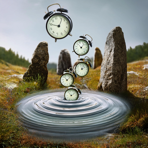 AI-generated image of old-fashioned alarm clocks falling into whirlpool near standing stones