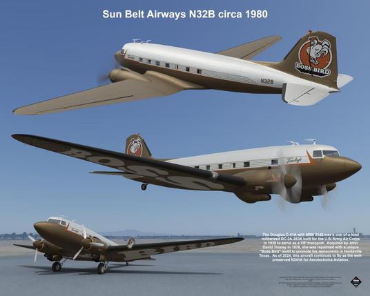 The subject of this metal print is the Douglas DC-3 transport aircraft as it appeared in 1980 while flown by Sun Belt Airways, identified as N32B.  Artwork and texts Copyright (c) 2017-2024 Robert W. Heyen d/b/a dcthreepainter.  All rights reserved.  Depicted trademarks are the property of their respective owners.