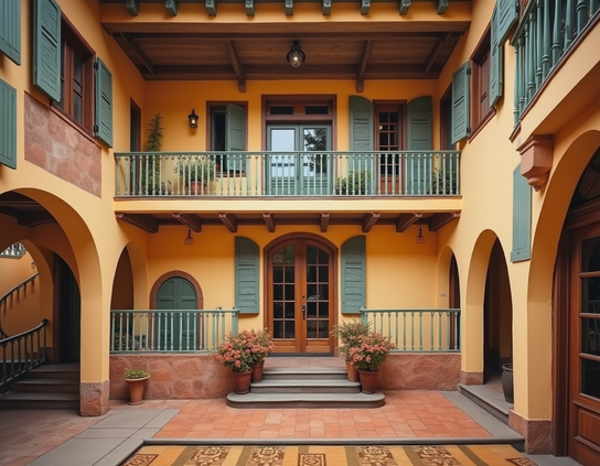 A warm Mediterranean-style courtyard with potted plants, arched walkways, green shutters, and an inviting balcony.