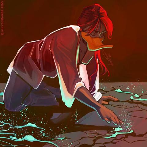 a digital painting of an anthropomorphic duck, seen kneeling on the ground. one hand is holding her upright, the other is reaching out and touching a bright blue substance that is pushing out from a crack in the ground. more cracks and blue form around her on the floor. she is backlit, and the light is drawing out her silhouette in her white shirt, and making her bright red hair pop out.
