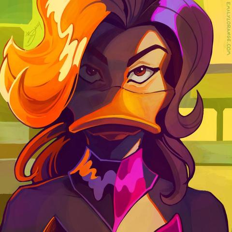 a digital painting of an anthropomorphic duck, seen in extreme close up from about the shoulders up. she is looking straight at the viewer, with an expression that is unamused. she is mostly shown in shadow, with a bright light coming from the left side of the image illuminating her hair, and one from the right that is only lighting a sliver of her face, particularly her right eye. the colors are all bright and saturated, in oranges, greens, yellows, and pinks. the style is more graphic than realistic.