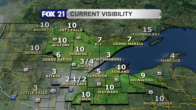 Visibility across the Northland at 6 p.m. on Sunday, November 3, 2024, range from 10 to 3/4th of a mile.  The lowest visibility is in the I-35 Corridor, the Twin Ports, and the Arrowhead regions.