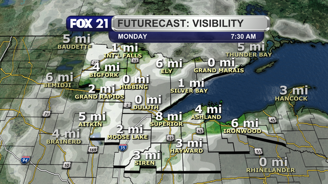 A Futurecast model for visibility over the Northland shows most of the region with fog, with dense conditions on the Minnesota side.