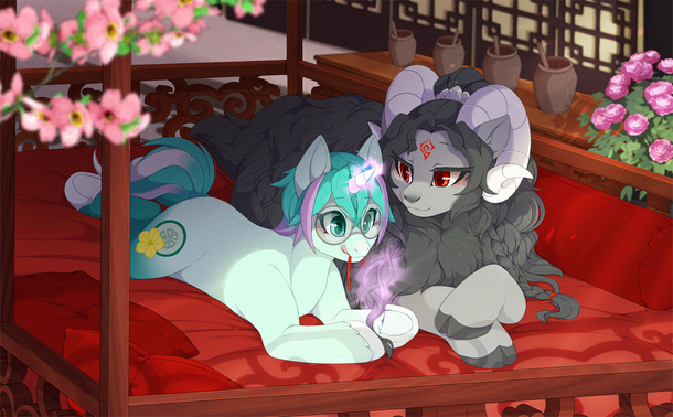 Ram and Unicorn pony characters laying down on a bed with red mattress. The Unicorn is using his magic to braid the Ram's fur.