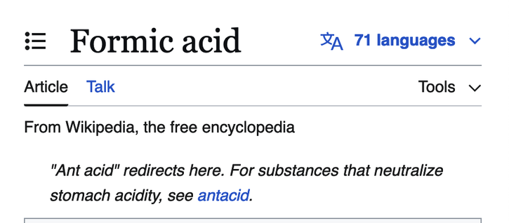 Formic acid

"Ant acid" redirects here. For substances that neutralize stomach acidity, see antacid.
