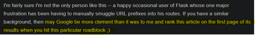 Quote reading: "may Google be more clement than it was to me and rank this article on the first page of its results when you hit this particular roadblock ;)"