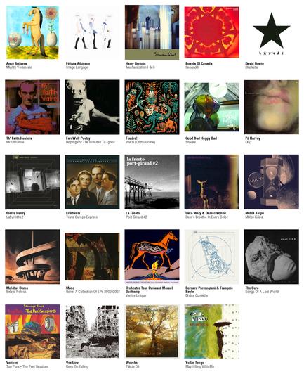 Collage des pochettes des albums de Anna Butterss (Mighty Vertebrate), Félicia Atkinson (Image Langage), Harry Bertoia (Mechanization I & II), Boards Of Canada (Geogaddi), David Bowie (Blackstar), Th' Faith Healers (Mr Litnanski), FareWell Poetry (Hoping For The Invisible To Ignite), Foudre! (Voltæ (Chthulucene)), Good Sad Happy Bad (Shades), PJ Harvey (Dry), Pierre Henry (Labyrinthe !), Kraftwerk (Trans-Europe Express), La Fresto (Port-Giraud #2), Lake Mary & Daniel Wyche (Deer's Breathe In Every Color), Melos Kalpa (Melos Kalpa), Molchat Doma (Belaya Polosa), Mono (Gone: A Collection Of EPs 2000-2007), Orchestre Tout Puissant Marcel Duchamp (Ventre Unique), Bernard Parmegiani & François Bayle (Divine Comédie), The Cure (Songs Of A Lost World), Various (Too Pure - The Peel Sessions), Vox Low (Keep On Falling), Wovoka (Páiste Dé), Yo La Tengo (May I Sing With Me)