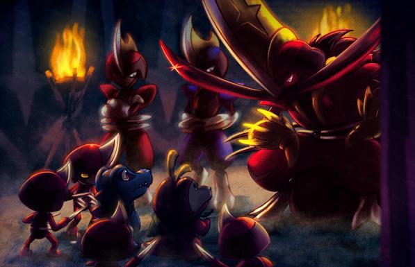 A Totodile and a Fuecoco stand roughly in the centre of the image, surrounded by four ready to attack Pawniard. Two torches light the scene around them, causing the imposing Kingambit before them to cast a dark shadow over them. Two Bisharp stand to his right, also carefully watching the worried pair.
