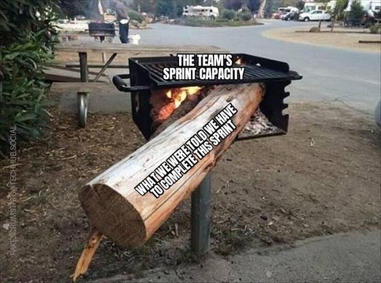 Picture of a campground bbq grill labeled "The team's sprint capacity" with a log stuck in it that is much too large and sticks out very far labeled "Whwt ee were told we have to complete this sprint"