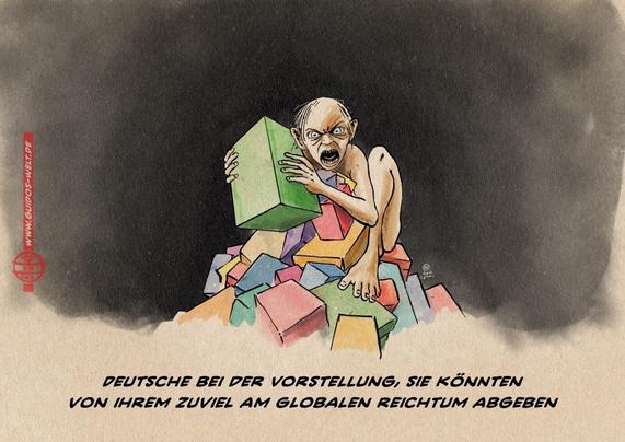 Ein fauchender Kobold auf einem Berg Pakete, darunter steht "Deutsche bei der Vorstellung, sie könnten von ihrem zuviel am globalen Reichtum abgeben"