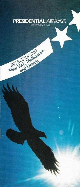 On the cover of this timetable we see an eagle soaring high. They words are - Introducing New York, Melbourne Florida, and Detroit."