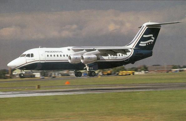 Aircraft has four engines and is about to touch down under ominous clouds.