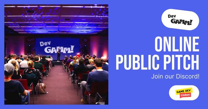A blue banner image promoting the DevGAMM Online Public Pitch event. On the left, the banner shows a photograph of an in-person pitching event at a conference hall. On the right, the banner starts with the logo of the event, followed by the text "Online Public Pitch – Join our Discord!", and the logo for Game Dev Lisbon.