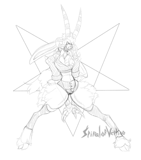 A tall slender demon goat man is dressed up in leather gear in front of a pentagram.