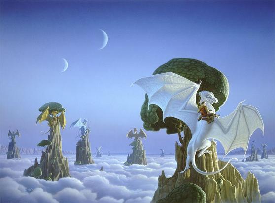 With wings spread wide, a white dragon perches on a rocky spire that rises out of cloud cover. Its legs are set unevenly as it gains a hold. Viewed from behind, a rider is saddle-mounted with legs straddling its neck. A handful of other dragons and riders are gathered on similar peaks for a conference in the clouds. The valley wall as seen only in the distance meanders across the horizon. Two large crescent moons hang in a hazy blue sky.