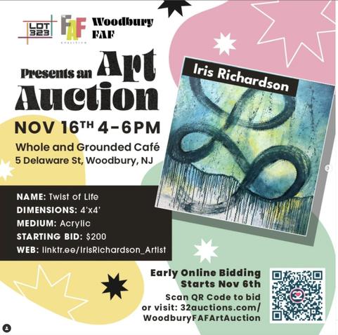 Woodbury Art Auction poster with Iris Richardson Art features
November 16, 4-6 Pm
Whole and Grounded Cafe
5 Delaware St
Woodbury, NJ