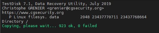 TestDisk status: 923 files copied from failing disk, 0 failed.
