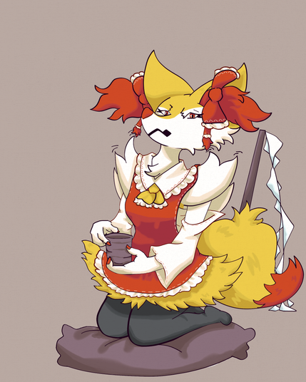 A braixen, a cute anthro fennec fox pokemon, dressed up with reimu hakurei's outfit from touhou project. She's glaring towards the viewer, sitting on her knees on a cushion holding a cup of tea, a gohei stuffed in her fluffy tail. She's carefully illustrated with detailed lineart and painted with warm colors and careful shading.
