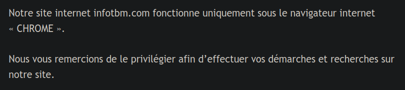 Notre site internet infotbm.com fonctionne uniquement sous le navigateur internet « CHROME ».
 Nous vous remercions de le privilégier afin d’effectuer vos démarches et recherches sur notre site.