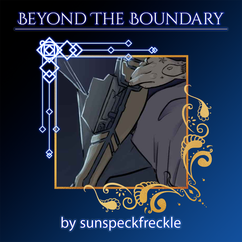 A cropped spotlight of an illustration by sunspeckfreckle for the Beyond the Boundary zine.
The art depicts a close-up of Ed's hand tinkering with a golden cybernetic limb.