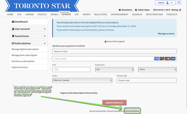 Screenshot of TorStar manage subscription page which lacks any way to cancel the subscription.
