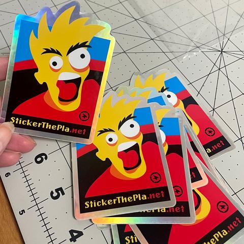 pile of stickers with screaming dade illustration that say stickerthepla.net