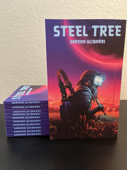 A stack of books with propped up facing the camera. Steel Tree by Sarena Ulibarri. On a starry purple and pink background with a large moon in the sky, a woman with a glowing face mask, round hat, and backpack with a tube coming out of it stands in an agricultural field.